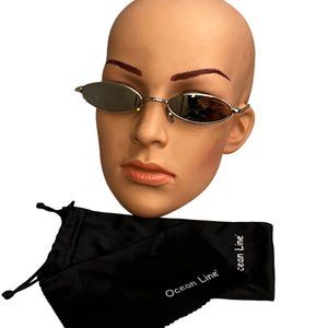 Ocean Line Mirrored Sunglasses Thin Narrow Futuristic Silver Tone with Case